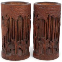 2 similar bamboo brush pots, with relief carving of sages, bamboo landscape background, H23cm (2)