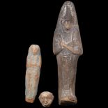 An Archaic Egyptian terracotta Shabti figure, H15cm (foot is chipped), a small terracotta Shabti