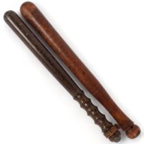 2 x 20th century turned wood truncheons, lengths 41.5cm and 40cm