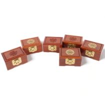 A set of 6 Chinese polished wood jewel caskets, with fitted interior and brass mounts, 14cm across