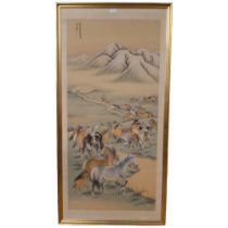 A large gilt-framed Oriental painting of horses and foals being herded, signed, 158cm x 80cm, a