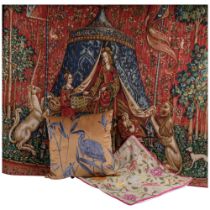 A machined wall hanging, depicting a Queen, lion and unicorn, W174cm, D134cm, and a heron