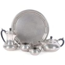 A hammered pewter tea set on tray, by Craftsman Pewter, Sheffield
