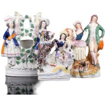 A Staffordshire clock group, 27cm, and 2 Victorian Staffordshire groups with goats