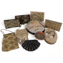 A selection of Vintage and Antique embroidered clutch bags, including a bag with embroidered peacock