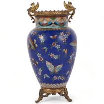 19th century blue ground cloisonne vase, decorated with floral stays and butterflies, gilt-metal