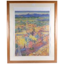 Freddie Gore R A - A limited edition coloured print, continental town scene, 157/250. 107x86cm,