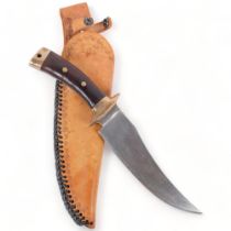 A hunting knife with hardwood and brass handle, 30cm, in leather sheath