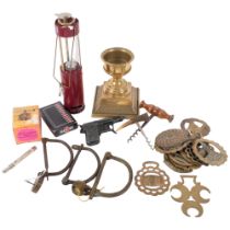 Bushtec lantern, horse brasses, corkscrews, a spud gun, etc