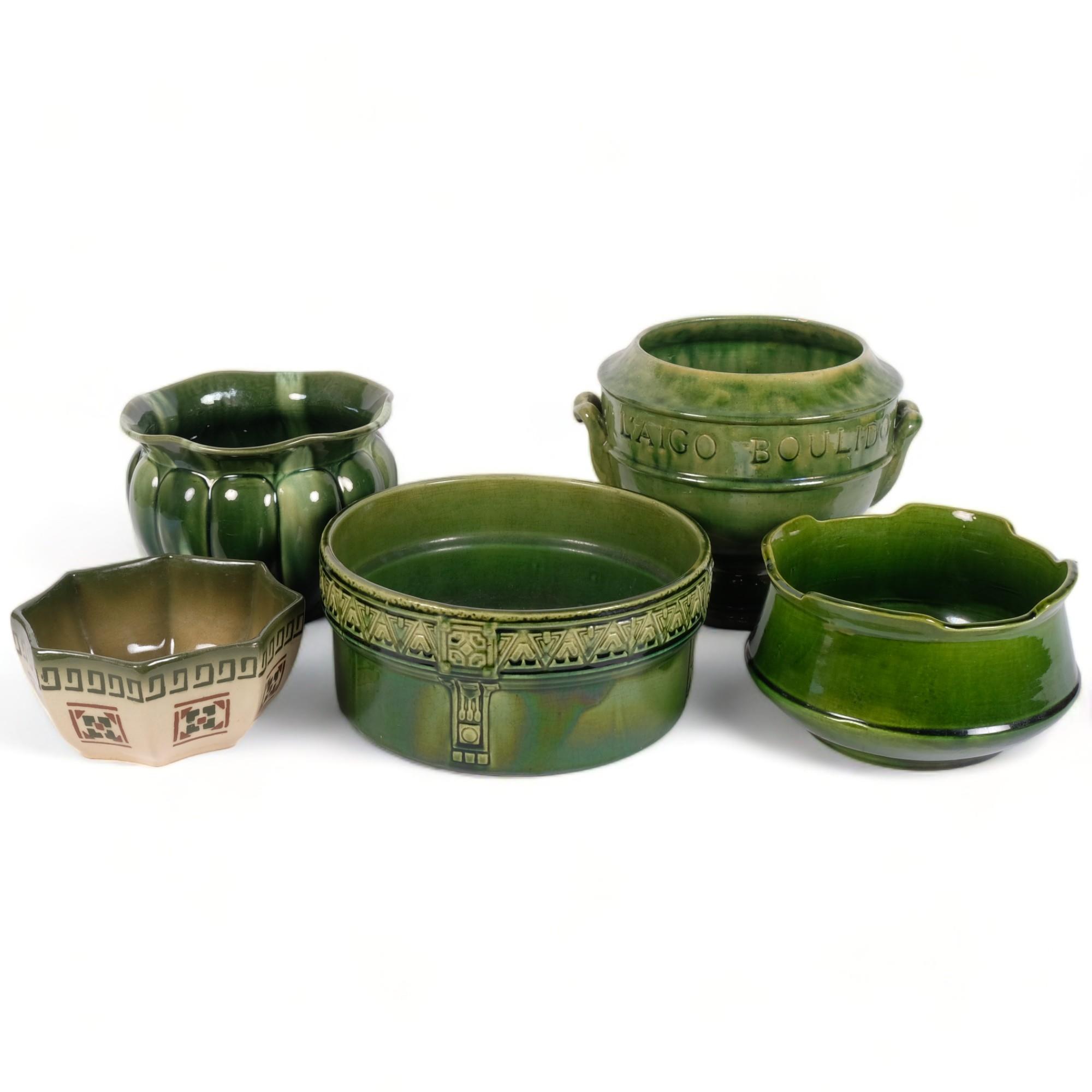 5 green glazed pottery bowls, including Ault (5)