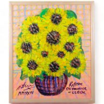 Royston Du Maurier Lebek, oils on canvas, study of sunflowers in a blue and red vase, framed, 64cm x