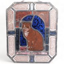A leadlight framed coloured glass panel, central panel depicting a cat, 46cm x 38cm There are