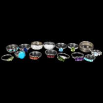 A collection of 15 modern silver and stone set dress rings