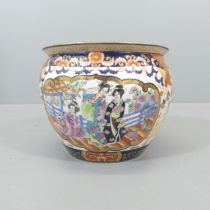 A modern oriental fish bowl, with painted decoration and character marks to base. 33x26cm