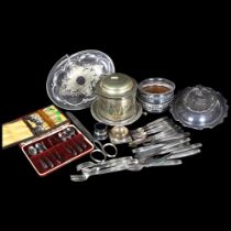 Silver plated biscuit barrel on integral stand, pair of wine coasters, cutlery, entree dish and