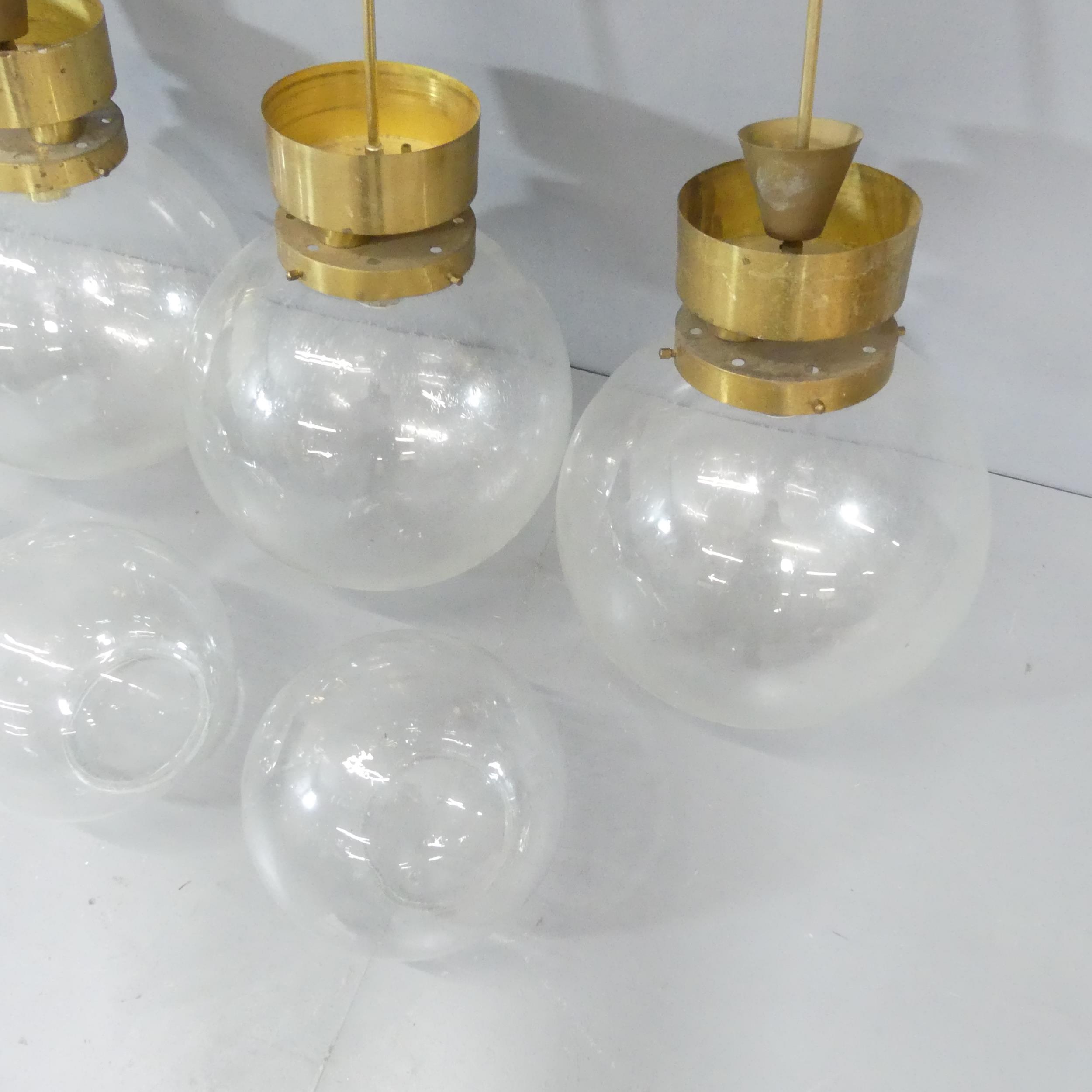 Four mid-century Czech brass bistro lights with Italian hand blown bubble glass globe shades (four - Image 2 of 3