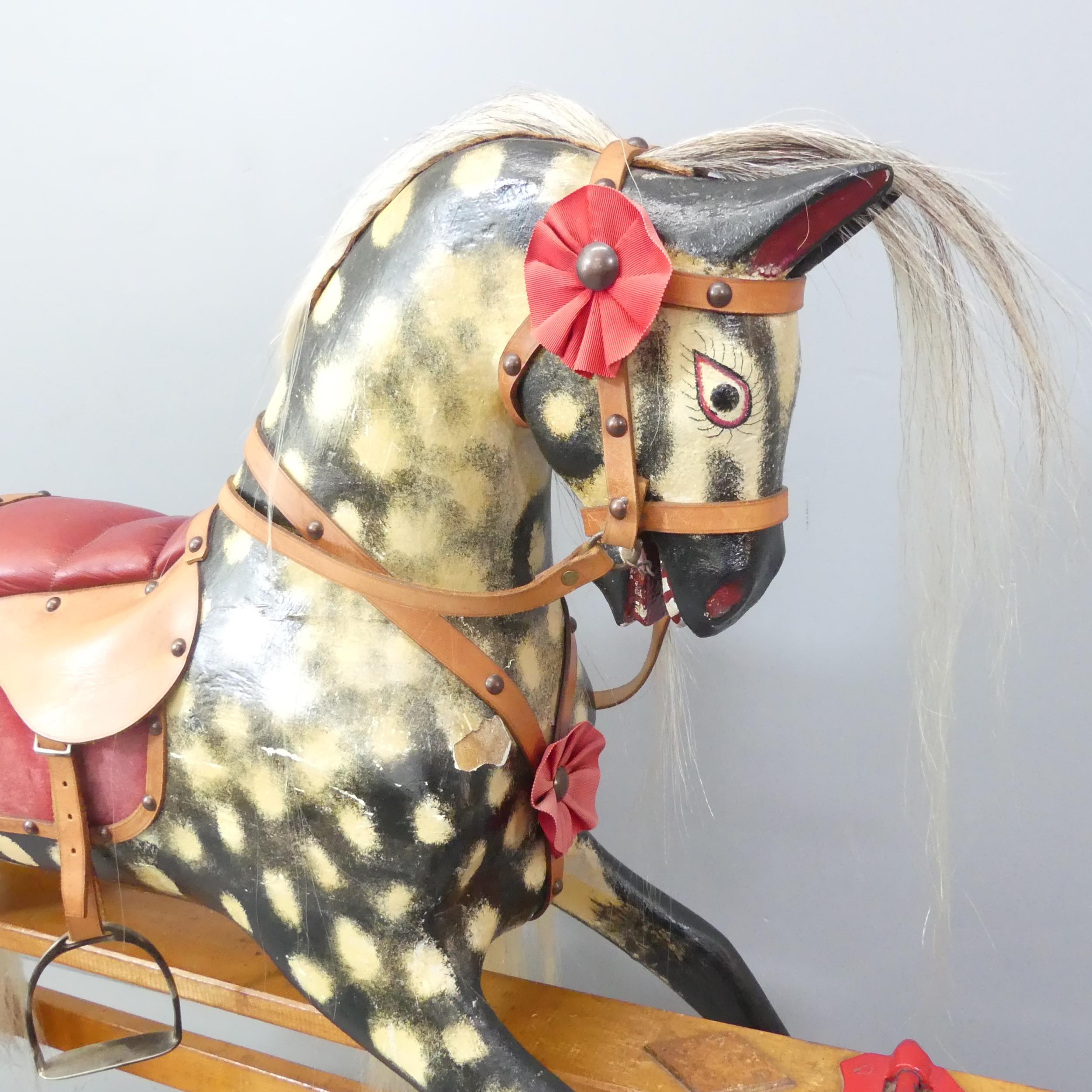 A painted rocking horse on stand, with carved detail and horse-hair maine and tail. Vendor informs - Image 2 of 5