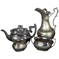 3-piece tea set of half-fluted form, and a plated coffee pot
