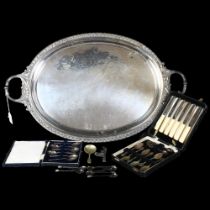 A cased set 6 silver teaspoons, an oval 2-handled silver plated tea tray, W70cm (1 foot loose),