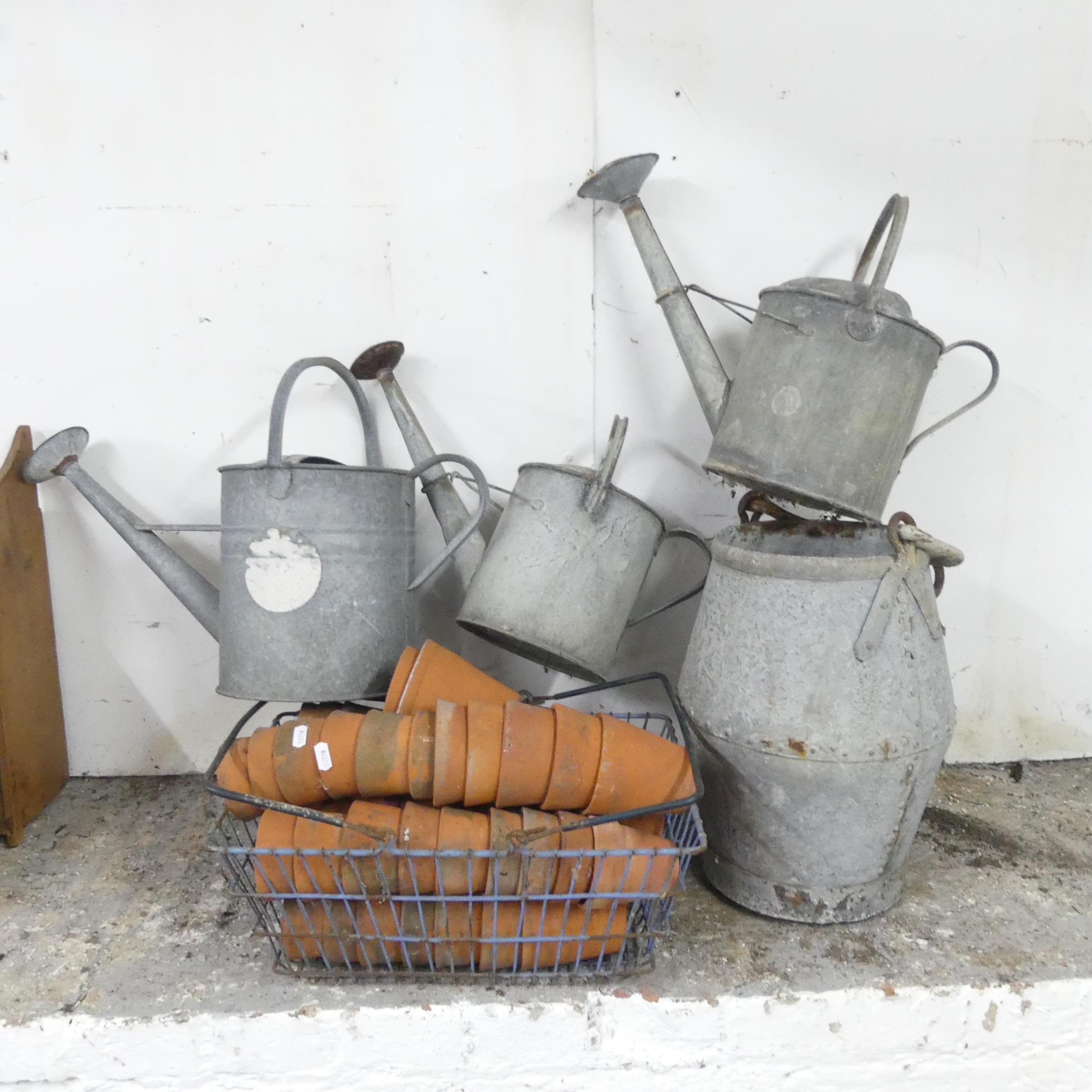 Three galvanised watering cans, a galvanised pail, and a quantity of small terracotta plant pots.