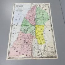 A hand painted map of Palestine on calico, marked for the Religious Tract Society. 175x120cm.