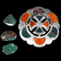 A silver Celtic design cross brooch, inset with agate and bloodstone panels, W53mm (1 stone