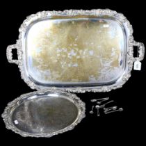 A large rectangular silver plated 2-handled serving tray, with grape cast edge, L95cm, and a