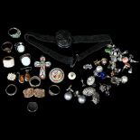 A group of silver and other costume jewellery, including a micro-mosaic cross, dress rings,