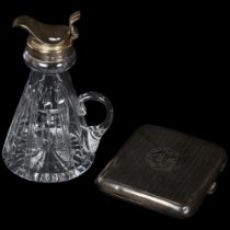 An engine turned silver cigarette box, and Royal Brierley cut-glass and silver-mounted oil jar (2)