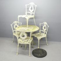 A painted and weathered cast metal Coalbrookdale style garden table, 80x69cm, with four matching