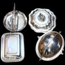 A Walker & Hall silver plated roll-over bacon dish with liner, 2 tureens and covers, and an hors d'