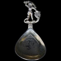 A Norwegian 800 silver Marius hammer anointing spoon, with figural handle, impressed marks to the