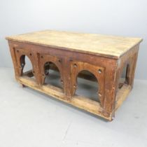 A Pitch pine gothic altar table, converted to a kitchen island. 170x85x84cm. Height without