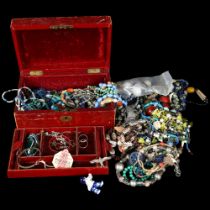 Various bead, beadwork and other costume necklaces, red leather jewel box, etc