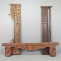 Three Chinese elm bed panels, with carved, pierced and painted decoration. Dimensions: - red and