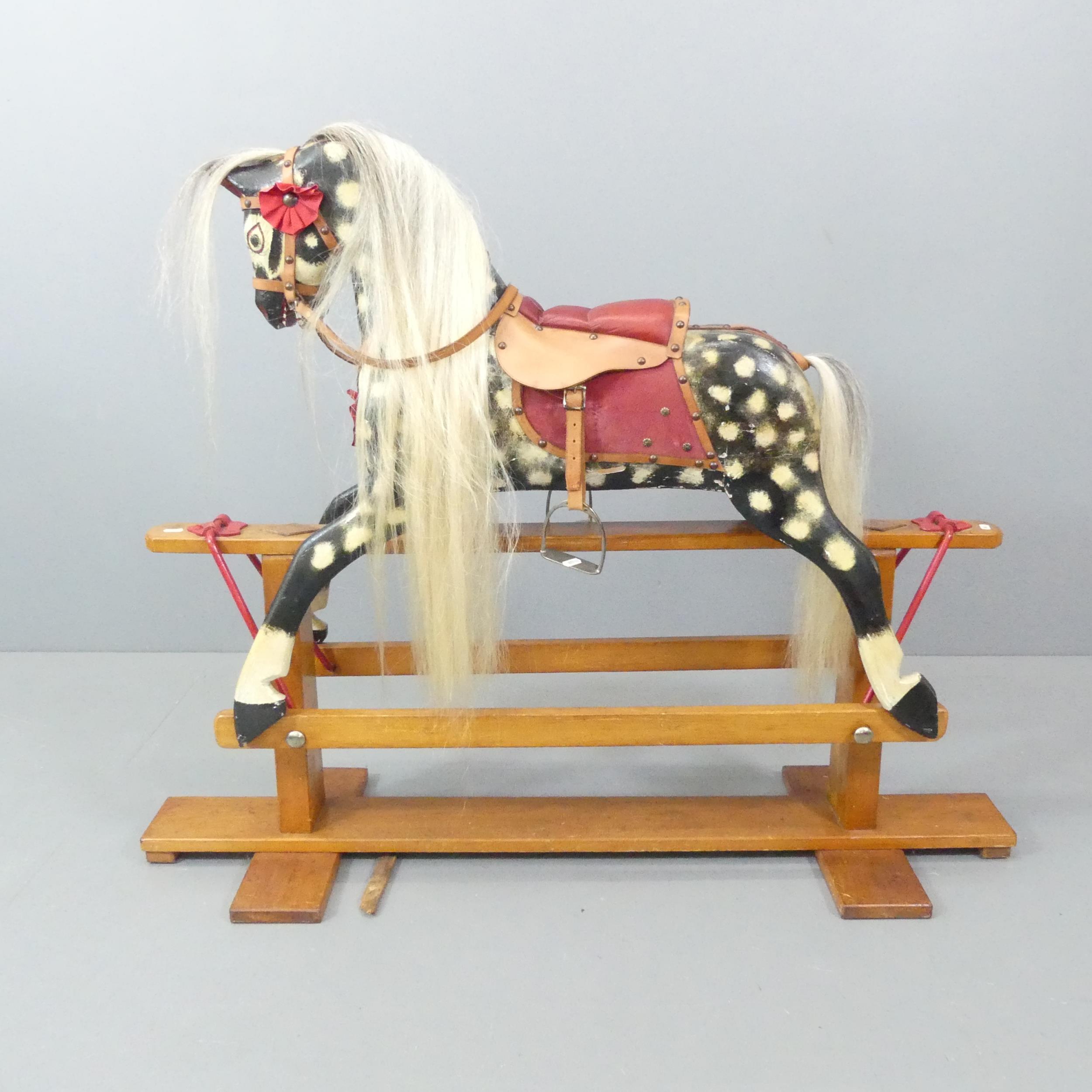 A painted rocking horse on stand, with carved detail and horse-hair maine and tail. Vendor informs - Image 5 of 5