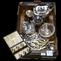 A quantity of mixed silver plated flatware, a spirit kettle on stand, condiment set, cutlery,