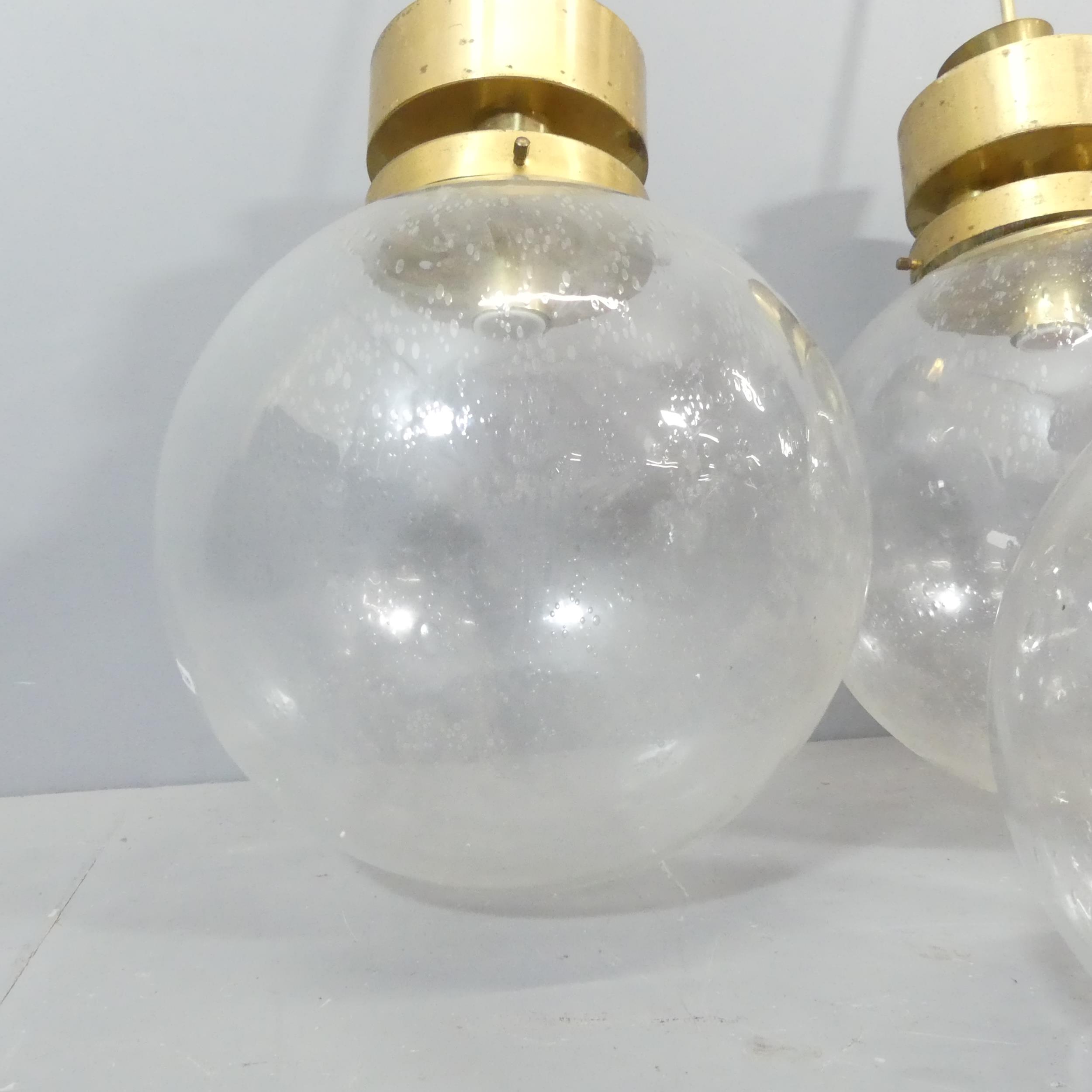Four mid-century Czech brass bistro lights with Italian hand blown bubble glass globe shades (four - Image 3 of 3