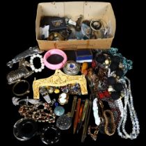 2 boxes of mixed costume jewellery, including bead necklaces, hatpins, bangles, pair of sterling