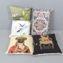 Five various contemporary cushions, 46x44cm. Good condition. Cushions with pug designs labelled