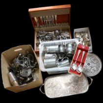 A large quantity of plated ware, including serving trays, teaware, cutlery, pewter tankards, part