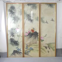 An oriental triptych, water colour on silk with gilt frames. Each panel 55x188cm.