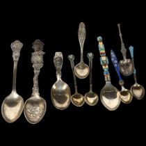 A collection of English and Continental silver spoons, including an enamelled Totem pole design, etc