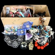 A box of mixed modern quartz wristwatches, costume jewellery, necklaces, amethyst specimen,