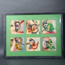 Mixed media, abstract composition, study of six faces, mounted in a single frame, 49 x 69cm