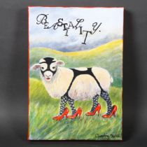 Caroline Sykes, oil on canvas, "Beastiality", study of a dominatrix sheep, signed, unframed, 36.