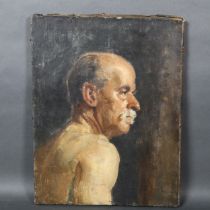 An antique oil on canvas, portrait of a naked gentleman, indistinctly signed, gentleman's right