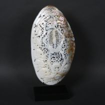 Hand-carved River Mussel Mother of Pearl Shell with Skeleton and skulls, polished, intricately