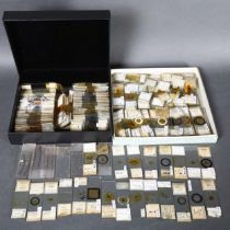 Two boxes of microscope slides, prepared by various hands, subjects include Botany, Entomology and
