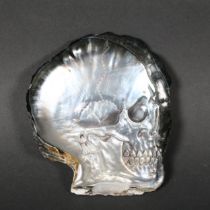 Hand-carved Black-lip Oyster Mother of Pearl Shell with Skull. A beautiful shell hand carved with